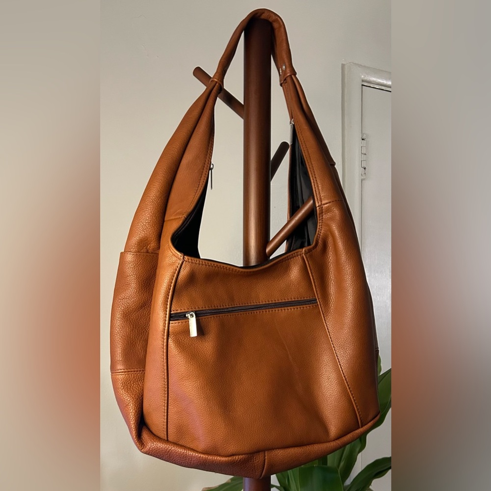 Brown Boho Shoulder Tote Bag | Extended Top Zip Zipper, Large Pocket | Leather